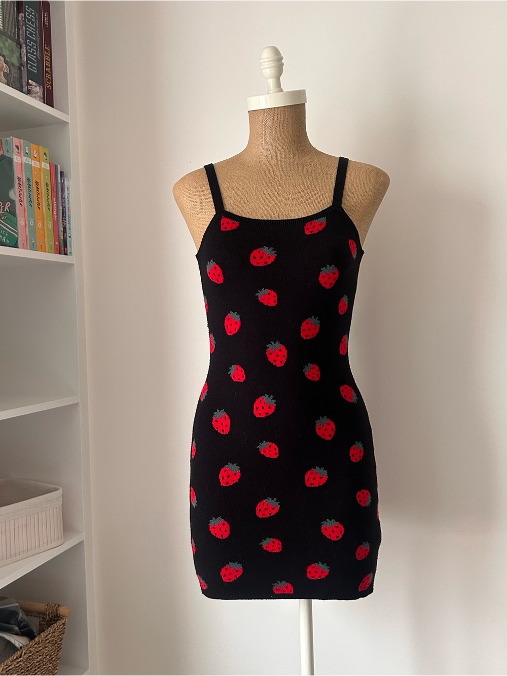 Forever 21 Black Knit Mini Dress with Red Strawberry Print
